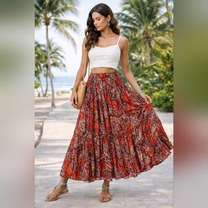 The Travel Collection Womens L Pleated Shimmery Paisley Gypsy Maxi Crinkle Skirt